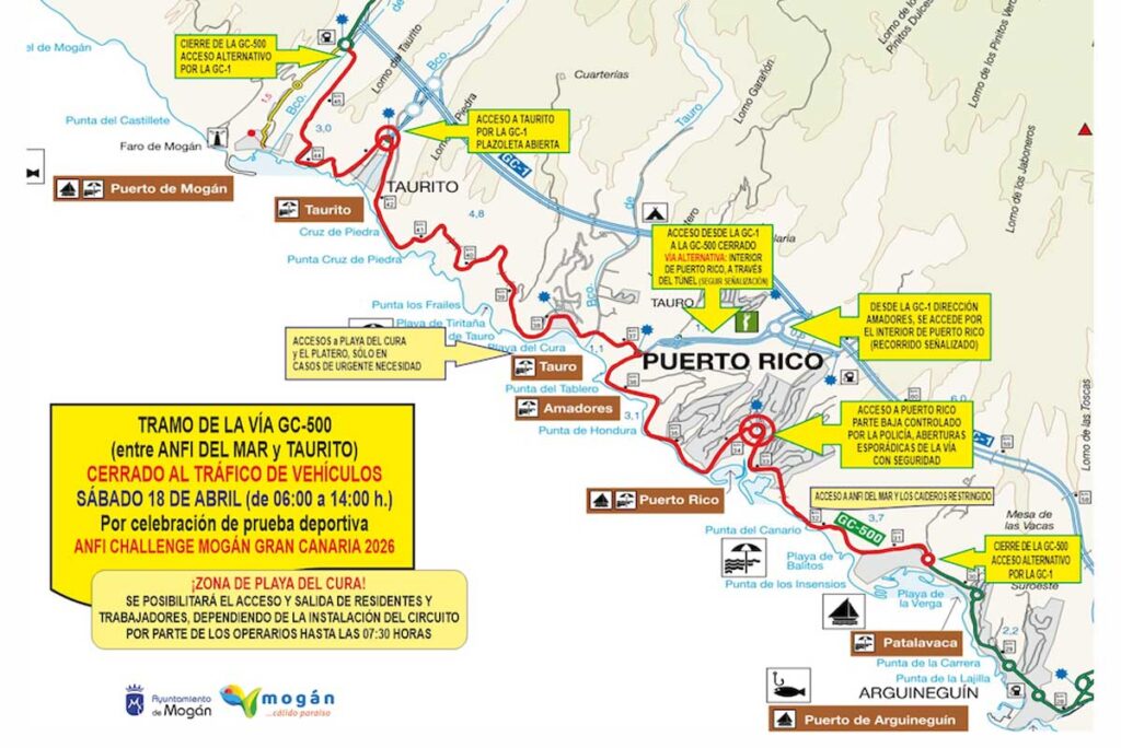 Karta över stängda vägar under tävlingen Anfi Challenge
