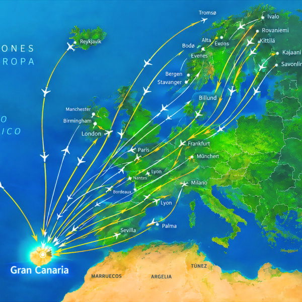 Karta över olika flyglinjer från Gran Canaria