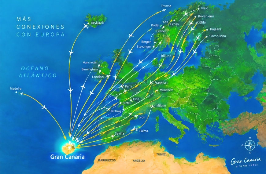 Karta över olika flyglinjer från Gran Canaria
