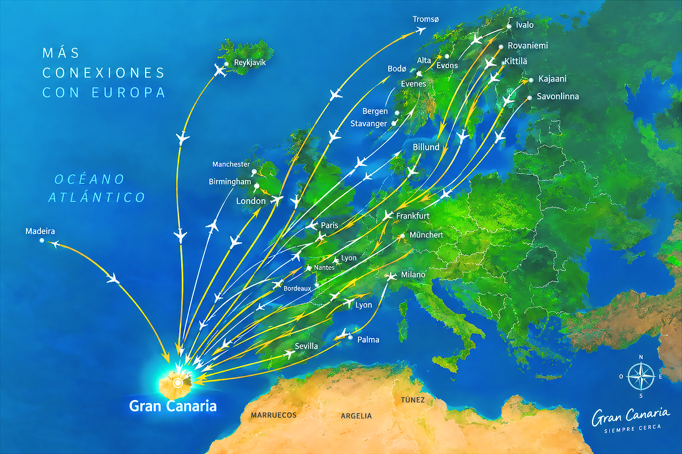 Karta över olika flyglinjer från Gran Canaria